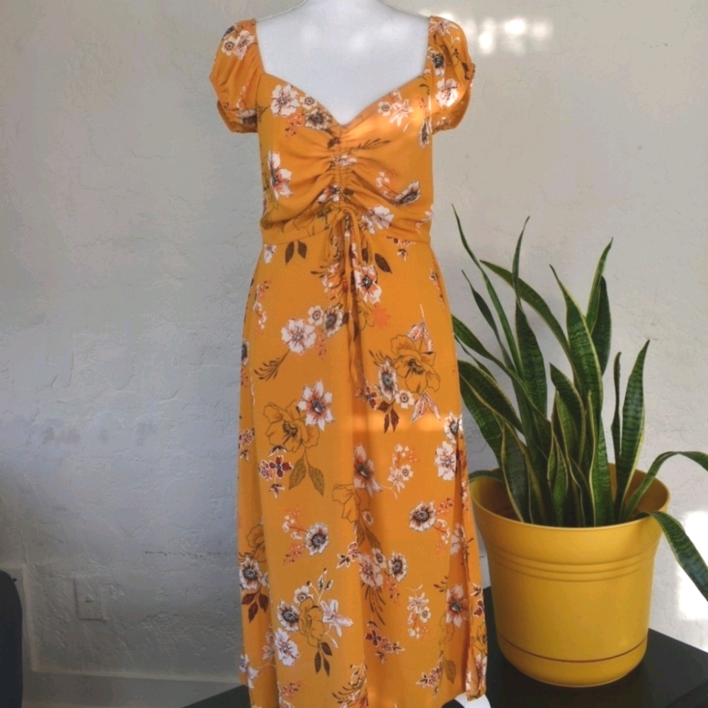 Yellow Floral Scrunch Front Dress